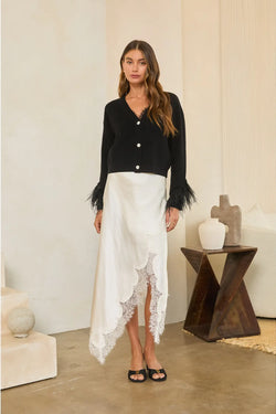 Jewel Button Feather-Trim Cardigan