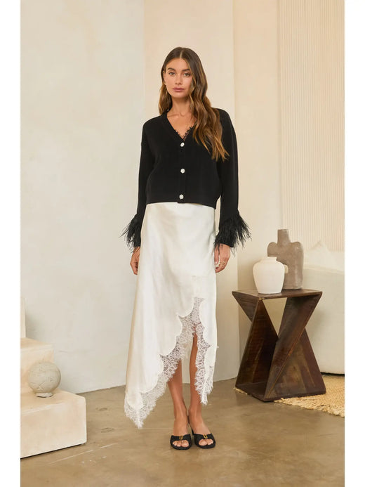 Jewel Button Feather-Trim Cardigan