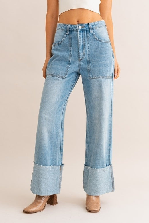 High Waisted Wide Leg Cuffed Jeans