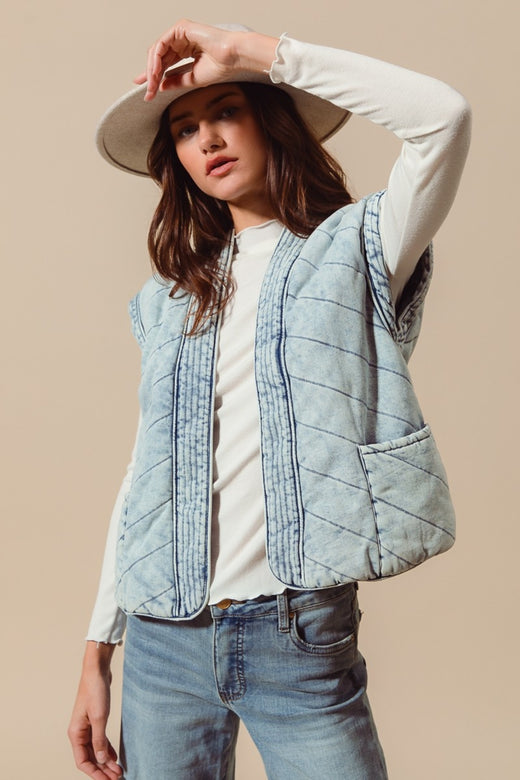 Kimono Style Open Front Vintage Denim Vest