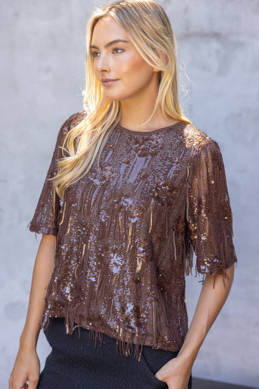 Round Neck Short Sleeve Sequin Top