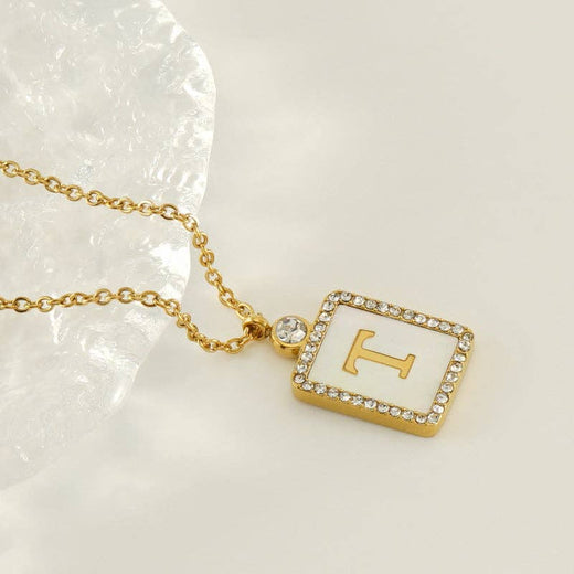 Rhinestone Shell Initial Charm Necklace