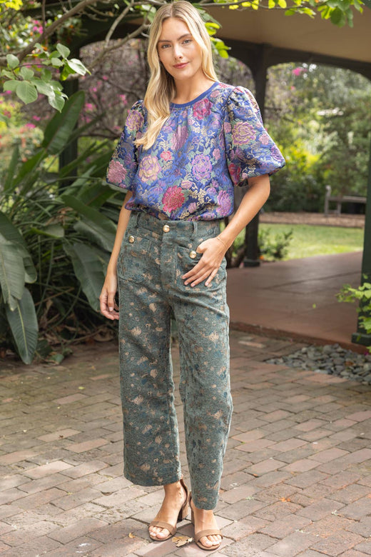 Gold Button Velvet Jaquard Wide Leg Pants