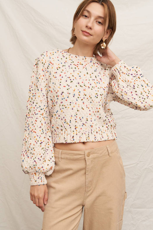 Puffed Sleeve Cropped Confetti Sweater