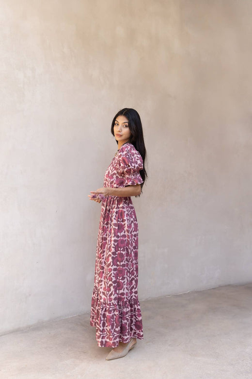 Burgundy Color Block Floral Maxi Dress