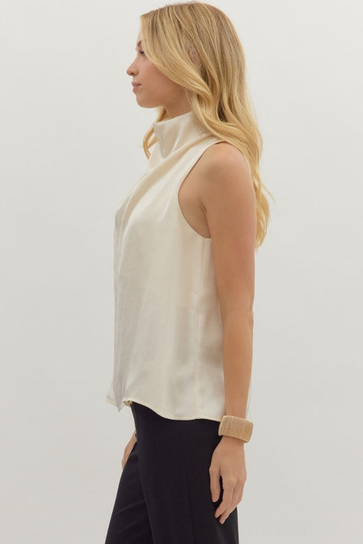 Sleeveless Mock Neck Top with Draped Front