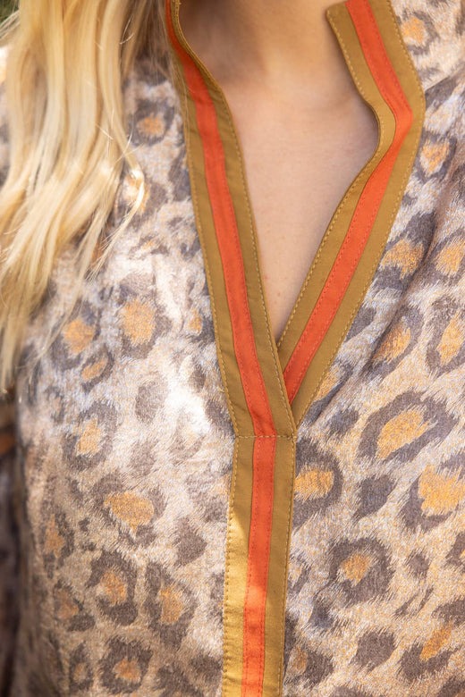 Stripe Detail Leopard Print Metallic Top