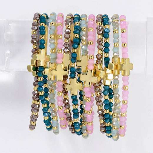 4mm Crystal Stretch Bracelet with Single Cross