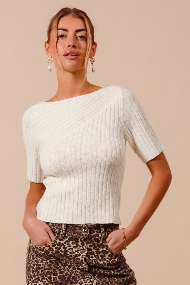 Bias Knitted Boat Neck Fitted Rib Sweater Top