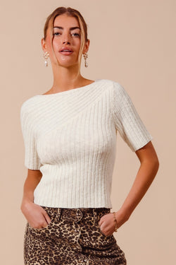 Bias Knitted Boat Neck Fitted Rib Sweater Top
