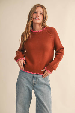 Puff Sleeve Sweater with Contrast Stitch