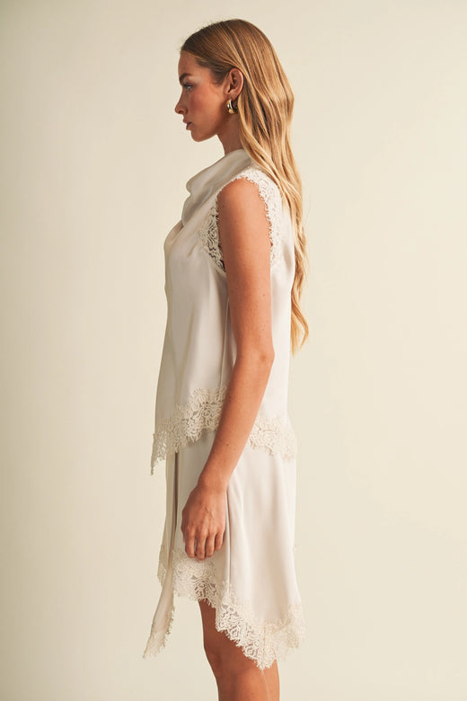 Asymmetric Cowl Neck Lace-Trim Blouse