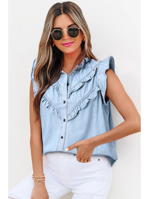 Chic Cap Sleeve Frilled Button Up Denim Shirt