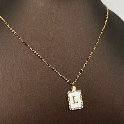 Rhinestone Shell Initial Charm Necklace