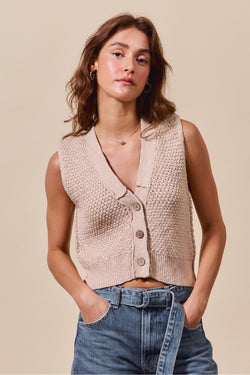 Textured Knitted Button Down Cozy Vest Top