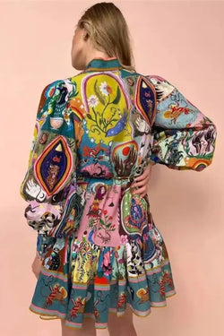 Printed Long Sleeve Mini Dress with Tie Waist