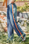 Wide Leg Faux Denim Track Pants With Side Stripes
