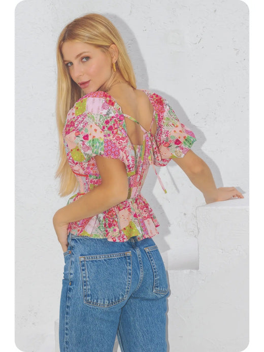 Contrast Piping Floral Blouse
