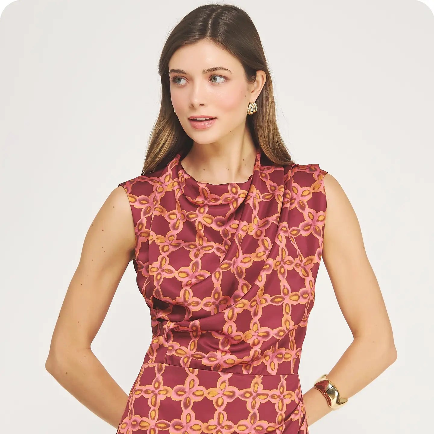 Chainlink Draped Neck Satin Dress