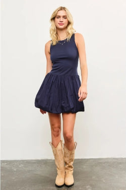 Navy Crew Neck Balloon Hem Sleeveless Dress