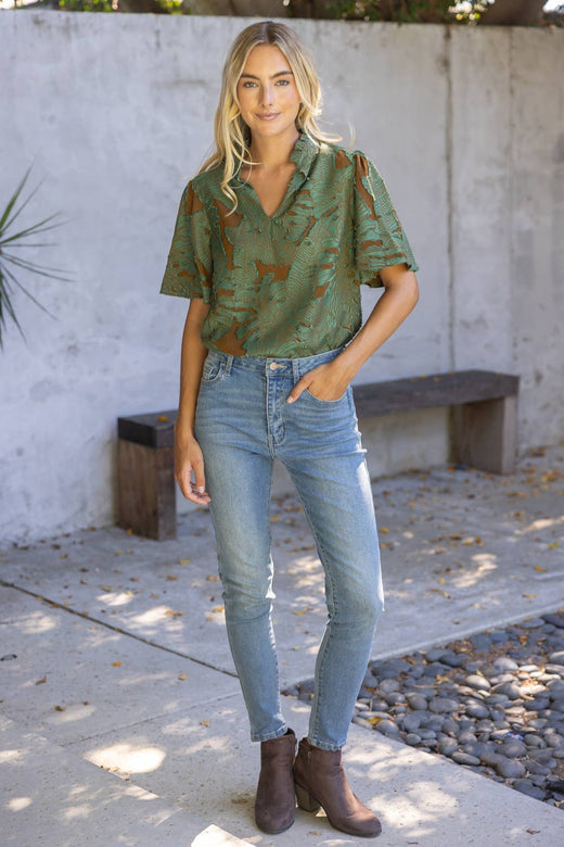 Ruffled V-Neck Floral Burnout Top