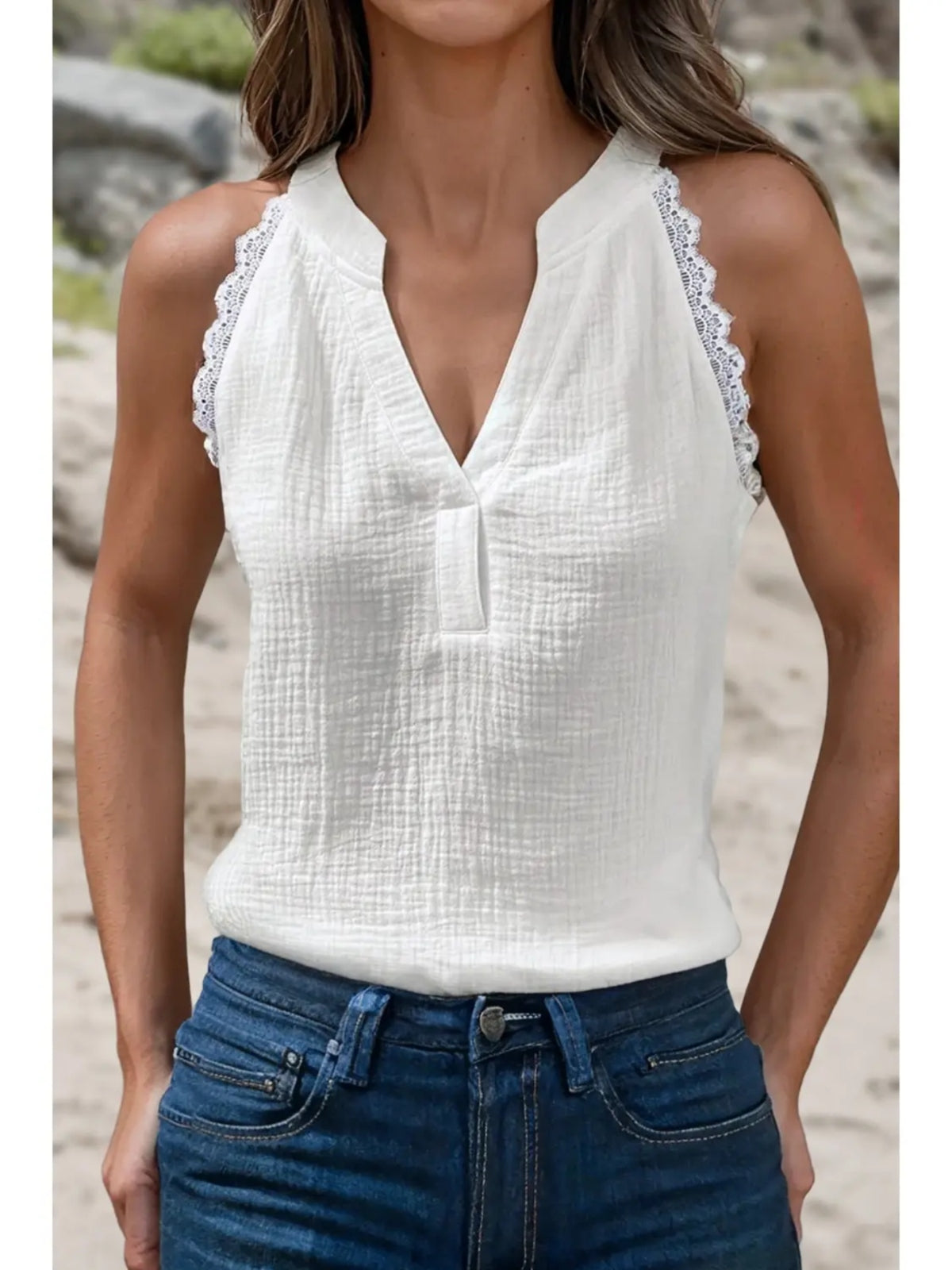 Cotton Textured Lace Trim Sleeveless Top