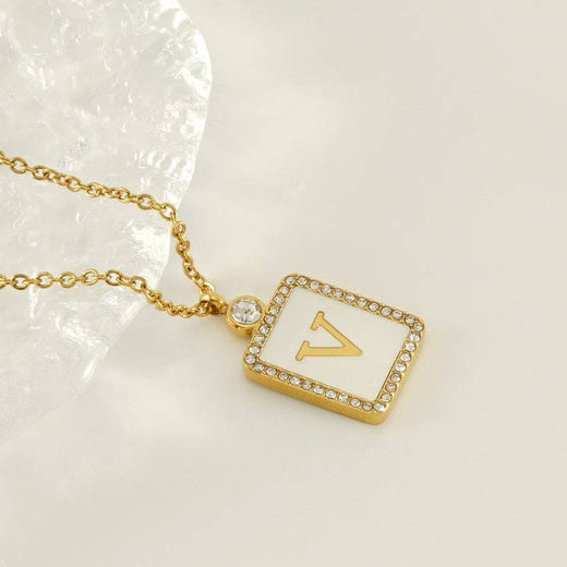 Rhinestone Shell Initial Charm Necklace