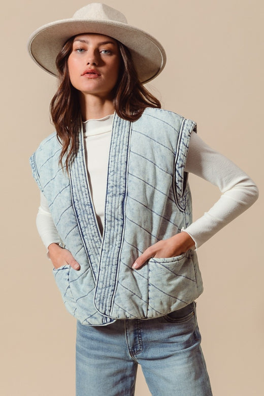 Kimono Style Open Front Vintage Denim Vest