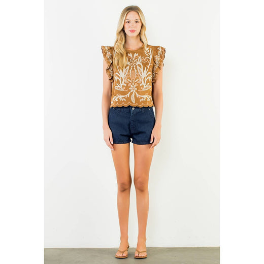 THML, Flutter Sleeve Suede Embroidery Detail Top
