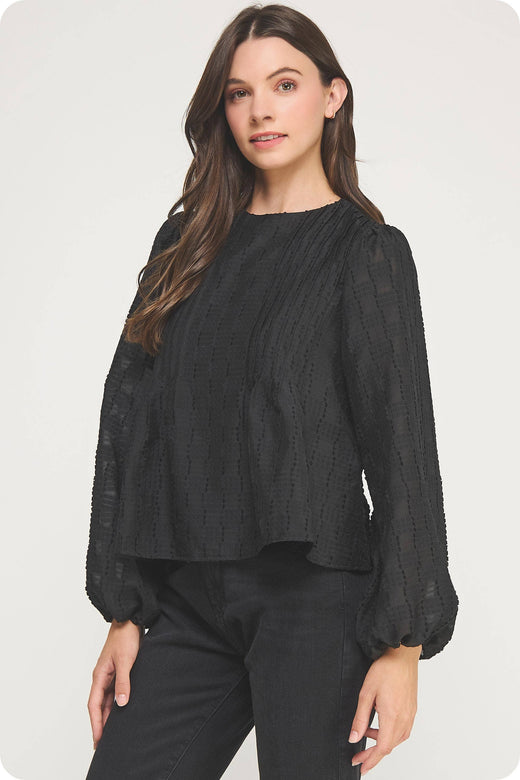 Pintuck Check Textured Puff Sleeve Blouse