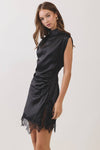 Lace Trim Ruched Waist Satin Mini Dress