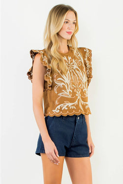 THML, Flutter Sleeve Suede Embroidery Detail Top