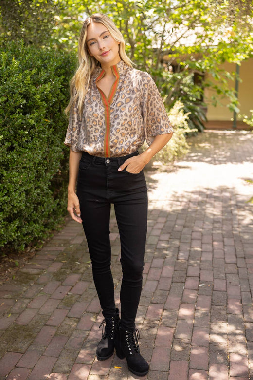 Stripe Detail Leopard Print Metallic Top