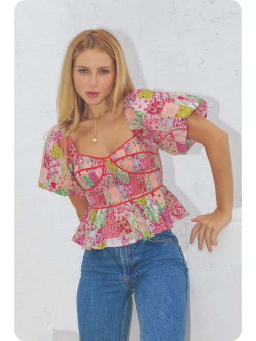 Contrast Piping Floral Blouse