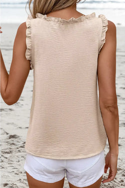 Parchment Textured Frilly Trim V Neck Sleeveless Top