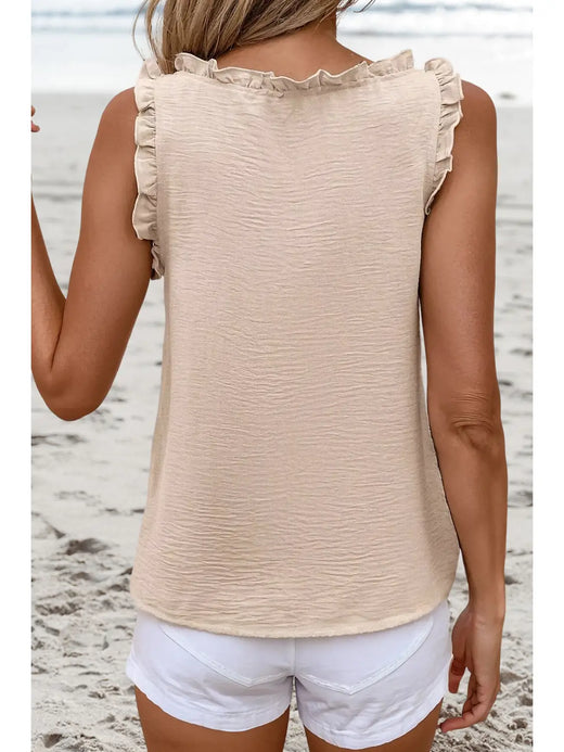 Parchment Textured Frilly Trim V Neck Sleeveless Top