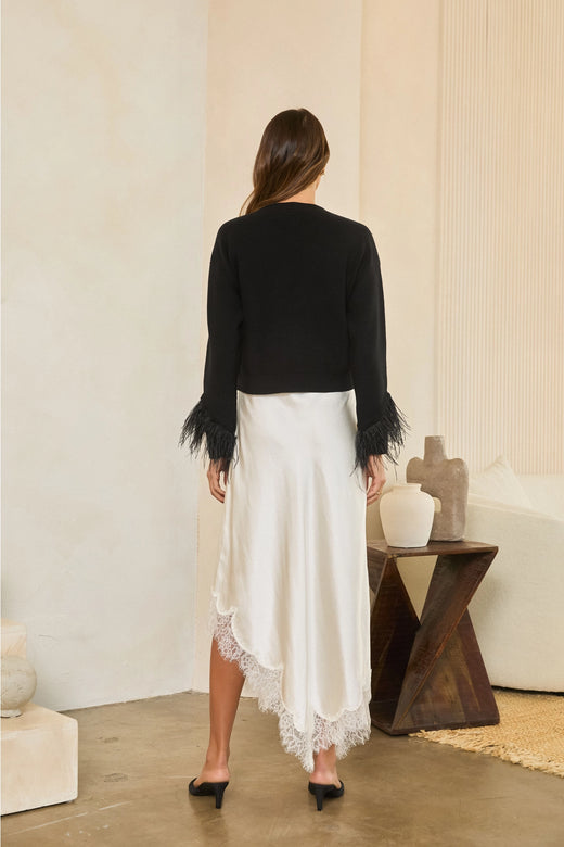 Jewel Button Feather-Trim Cardigan
