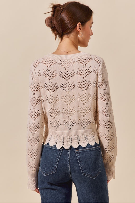 Pointelle Knit Long Sleeve Sweater Top