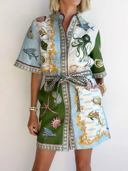 Seashell Print Button-Up Dress