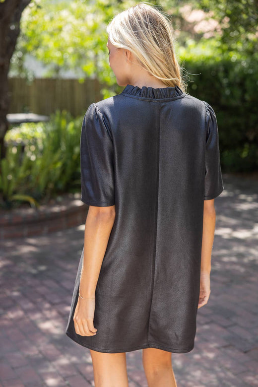 Ruffled V-Neck Solid Faux Leather Shift Dress