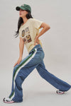 Wide Leg Faux Denim Track Pants With Side Stripes