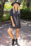 Ruffled V-Neck Solid Faux Leather Shift Dress