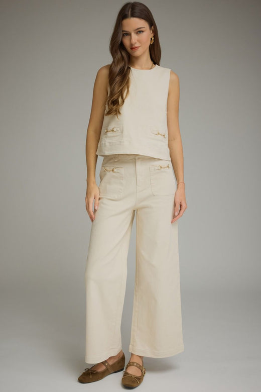 Horse Bit Detail Solid Wide Leg Pants