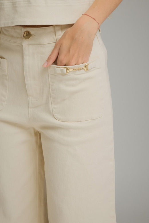 Horse Bit Detail Solid Wide Leg Pants