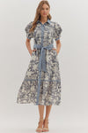 Puff Sleeve Floral Midi Dress