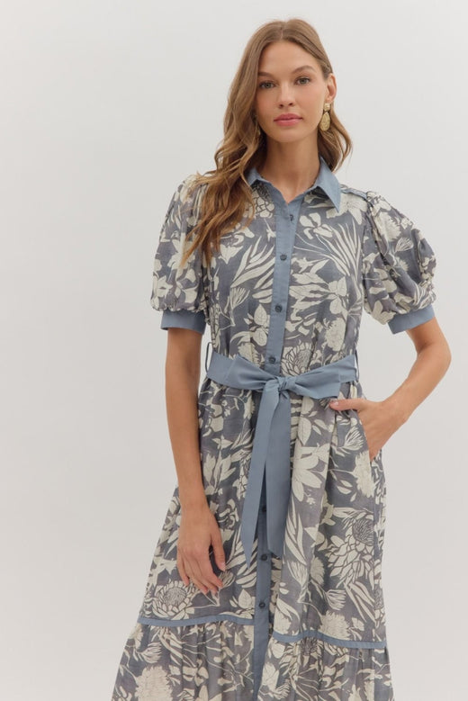 Puff Sleeve Floral Midi Dress