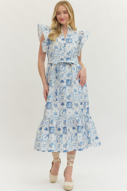 Printed Flutter Sleeve Midi Dress