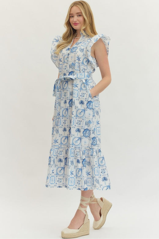 Printed Flutter Sleeve Midi Dress