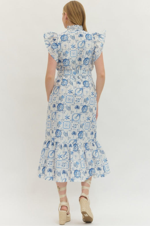 Printed Flutter Sleeve Midi Dress