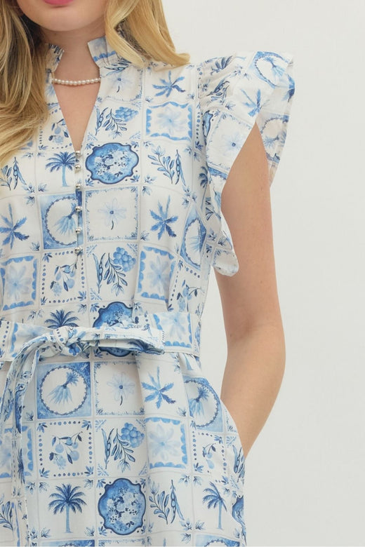 Printed Flutter Sleeve Midi Dress